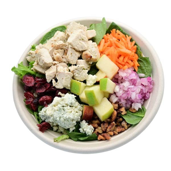 Fresh Green salad with chicken, cranberries, blue cheese, apples, carrots, red onion, and walnuts.
